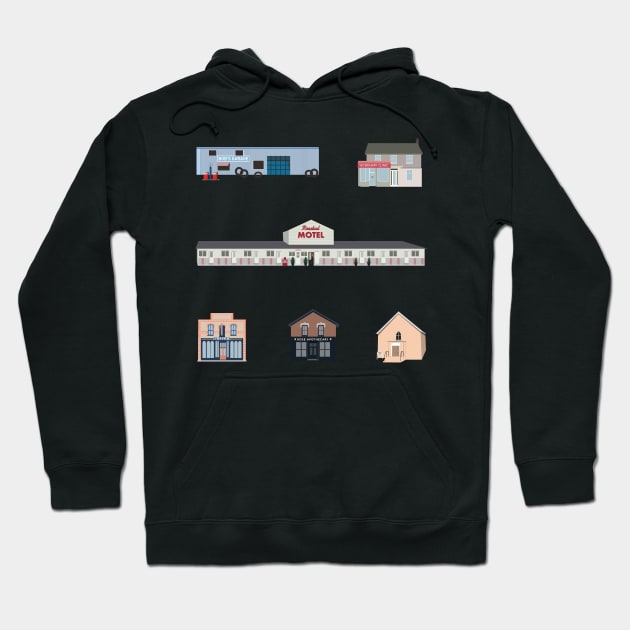 The Schitt's Creek Buildings, from the Rosebud Motel to Rose Apothecary Hoodie by YourGoods